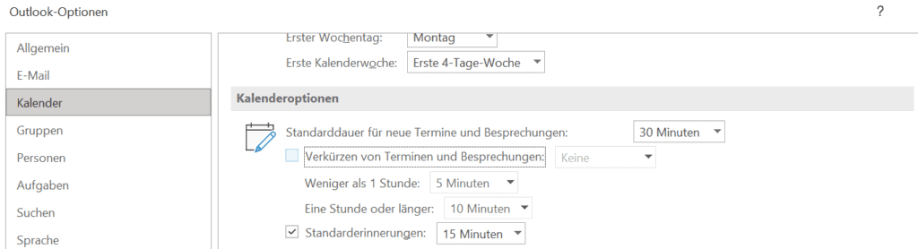 Kalenderoptionen in Outlook